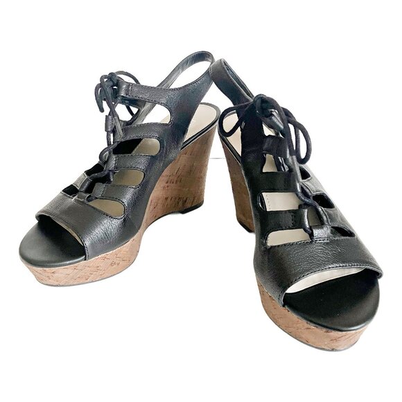 Franco Sarto Sunitha Black Leather Lace Up Wedge Sandal - Size 6 - Picture 6 of 11